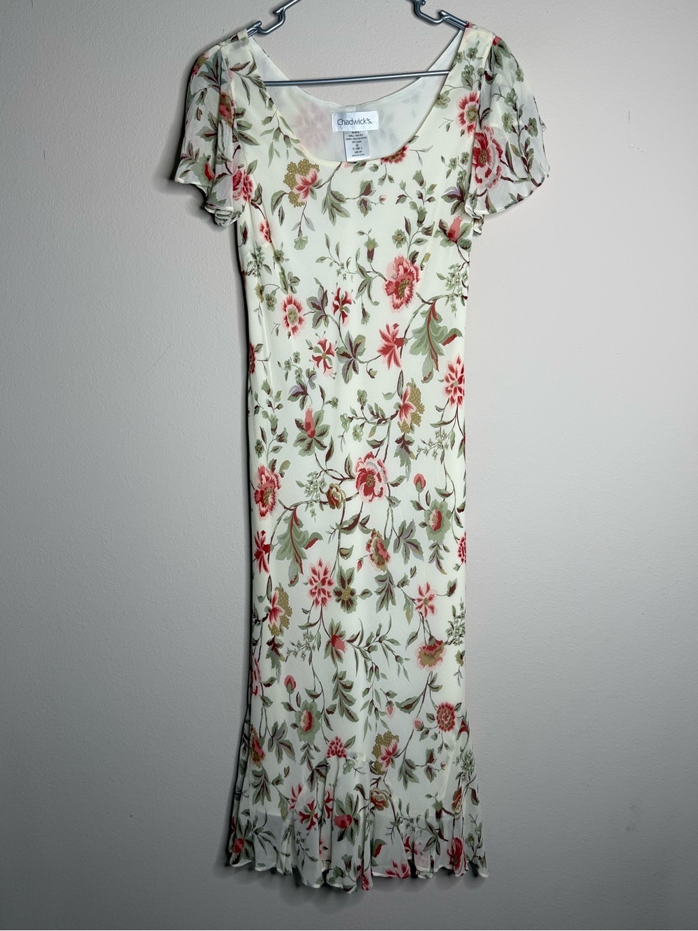 Vintage 100%Silk Floral Midi Dress Cream 10 Petite  Cottage Romantic